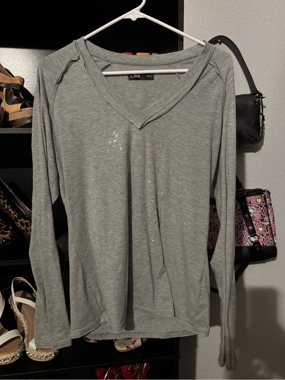 CBR Gray Long Sleeve V-Neck Top with Subtle Rhinestone Accent
